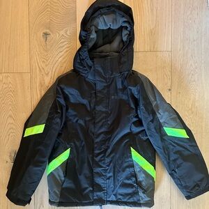 Kids Black & Lime Green Hooded Ski Jacket - Size 9/10